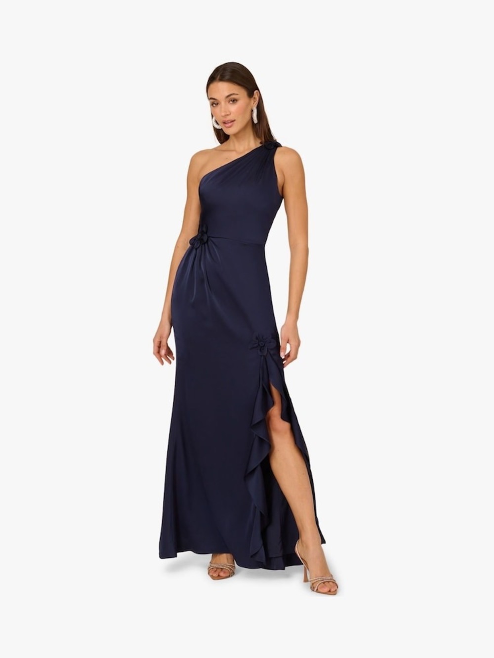 Adrianna Papell Size 10 Blue One Shoulder Satin Ruffle Formal Gown NWT GALA MOB